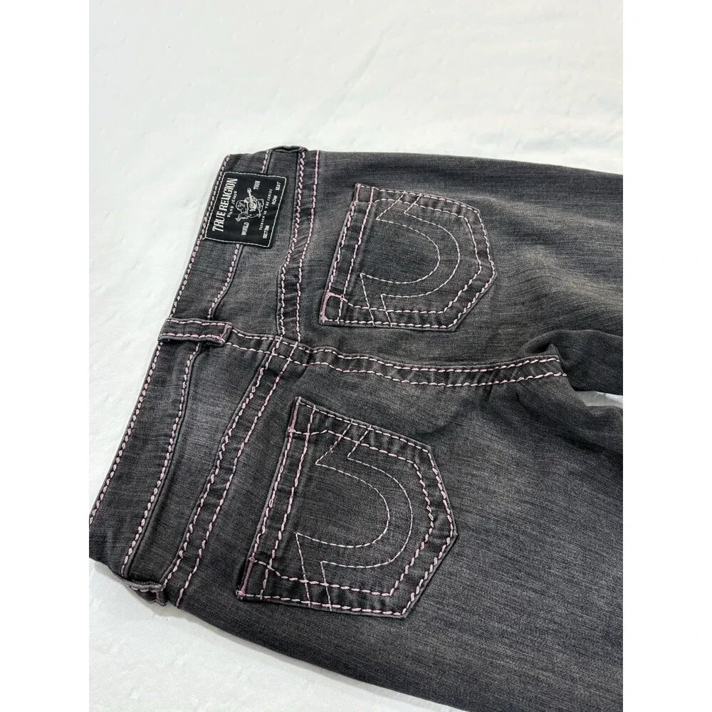 True Religion Becca Women Pink Big T Stitch Bootcut Jeans Washed Black Size 27